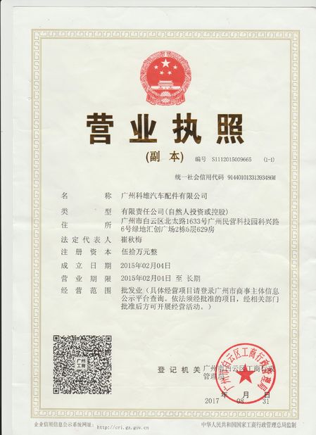CHINA Guangzhou Tech master auto parts co.ltd certificaten
